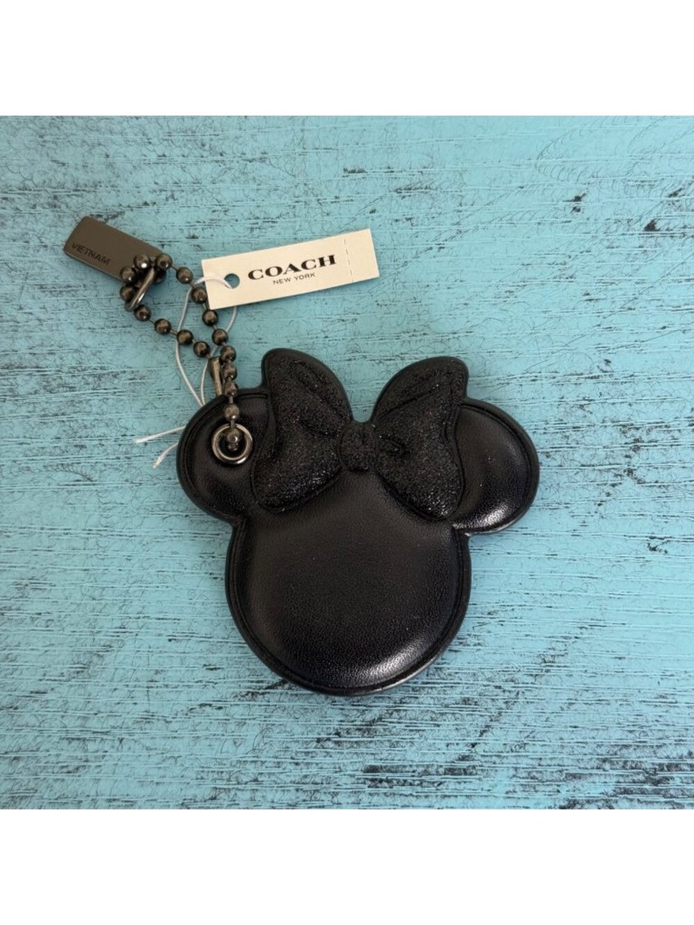 Disney X Coach Minnie Mouse Black Leather Bag Charm Keychain New With Tag